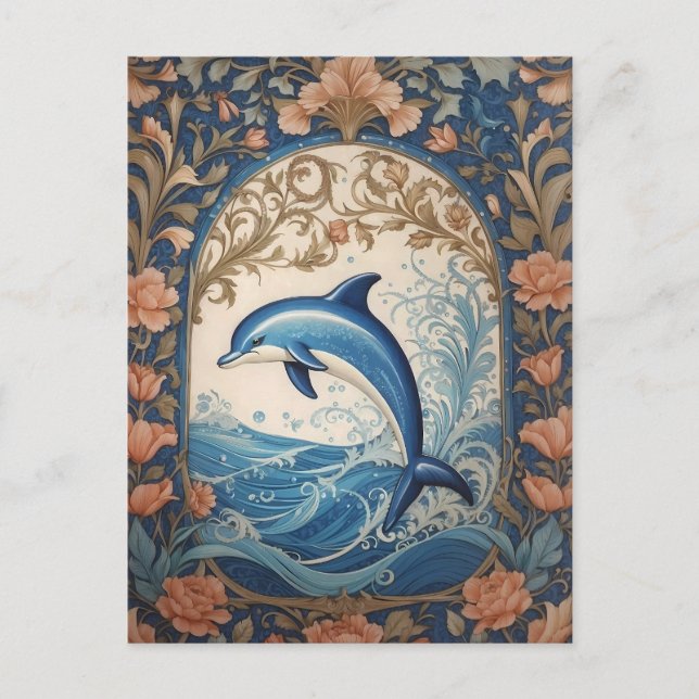 Elegant Jumping Dolphin William Morris Inspired Vykort (Framsida)