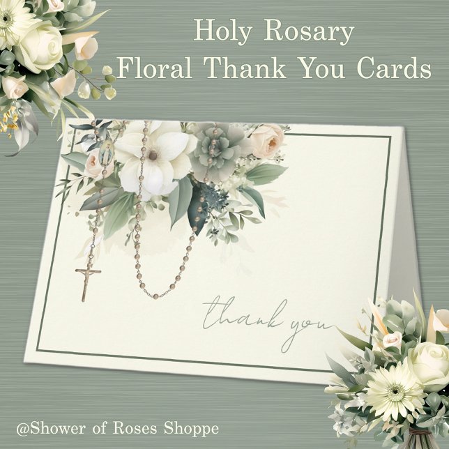 Elegant Jungfru Maria Religiös Katolsk Blommig Helgkort (Traditional Catholic Floral Rosary Thank you Cards  - Easy to personalize)