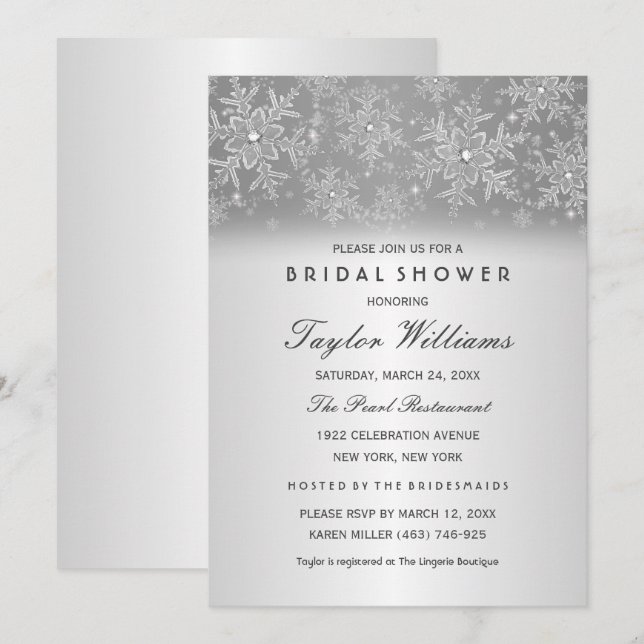 Elegant Juvel Silver Snöflinga Bröllopsdusch Inbjudningar (Fram/baksida)