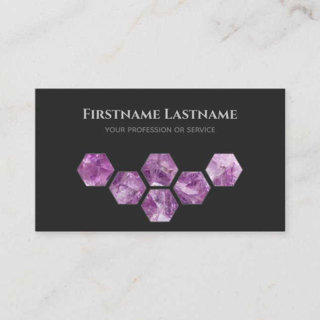 Elegant juveler mörk grått violet ametyst hexagon visitkort (Framsida)