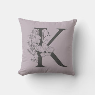 Elegant K Boho Blommigt Monogram Initial Lilac Grå Kudde
