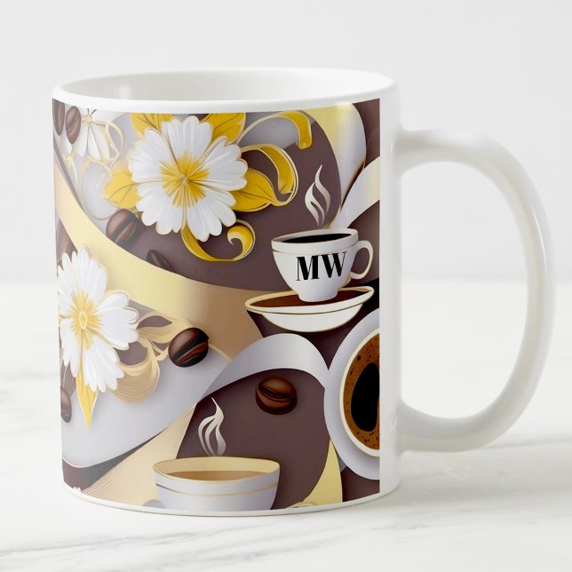 Elegant kaffe gula blommor & band & initialer kaffemugg (Skapare uppladdad)