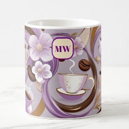 Elegant kaffe, lavender blommor och ribbon monogra kaffemugg