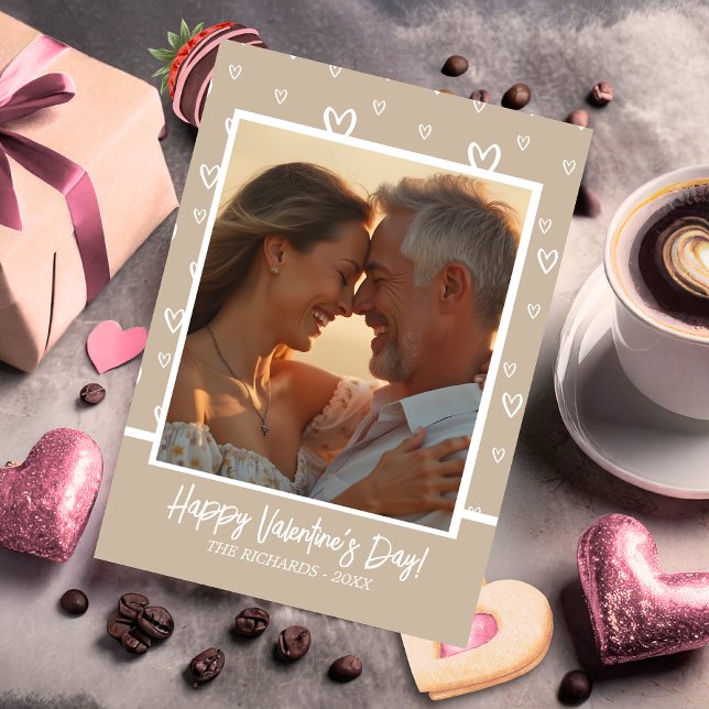 Elegant Kaffe och vita öron med Anpassningsbar Pho Julkort (Elegant Coffee and White Hearts with Custom Photo Holiday Card)