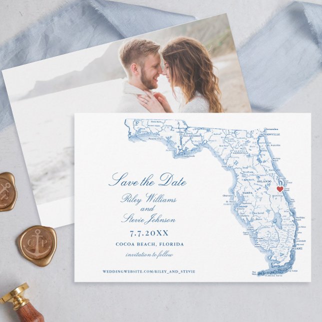Elegant Kakaobasen Florida Bröllop flottan Karta Spara Datumet (Elegant Cocoa Beach Florida map navy blue save the date for your beach wedding)