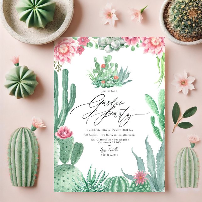 Elegant Kaktus och Rosa Blommor Trädgårdsfest Inbjudningar (Elegant Cactus and Pink Blooms Garden Party Invitation)