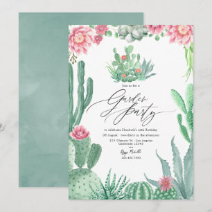 Elegant kaktus och rosa blomster trädgårdsfest inbjudningar