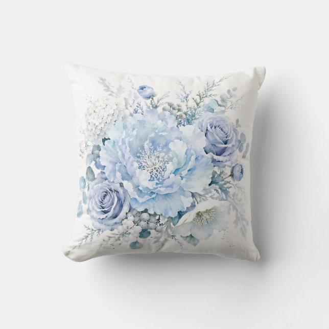 Elegant Kall Vinter Blå & Vit Blommig Bukett Kudde (Framsida)