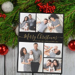 Elegant Kalligrafi 5 Photo Collage jul Julkort<br><div class="desc">Elegant Minimal Modern Elegant Calligraphy Black och Guld 5 Photo Collage God jul Script Helgdag Card. Den här sjutna, minimalistiska, viskösa 5 (5) fotokortmallen Julhälsningar ett söt-rutnätsfotokollage och säger "God jul"! Texten "God jul" hälsning är skriven i ett vackert handskrivet teckensnitt som snabbt byts ut mot svan i guld mot...</div>