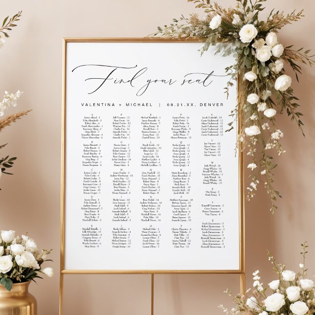 Elegant kalligrafi alfabetisk bröllopsindelning poster (Elegant Calligraphy Script Find Your Seat Alphabetical Seating Chart)
