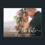 Elegant Kalligrafi ändrar datum nytt datum Vykort<br><div class="desc">Modern Elegant Calligraphy-skript ändrar datumet Bröllop sköt upp ett par foto-vykort</div>