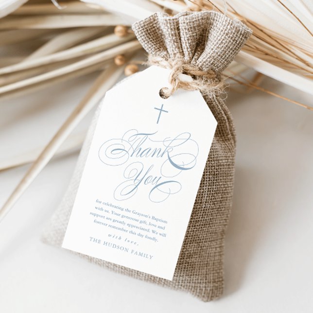 Elegant kalligrafi Blå dop tack för favor Presentetikett (Elegant calligraphy blue baptism thank you favor tag.)