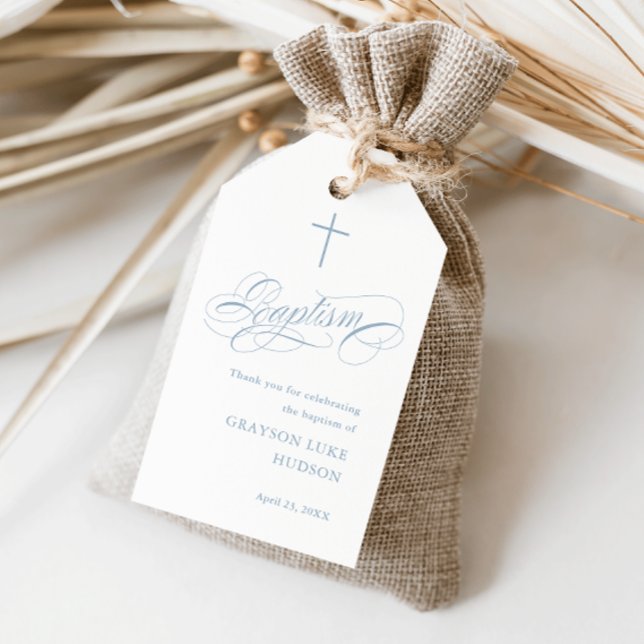 Elegant kalligrafi Blå Dop Tack Gåva Presentetikett (Elegant calligraphy baptism thank you favor tag.)