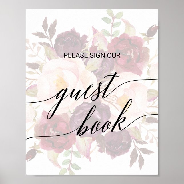 Elegant kalligrafi bleknade blommig gästbokssköld poster (Framsidan)