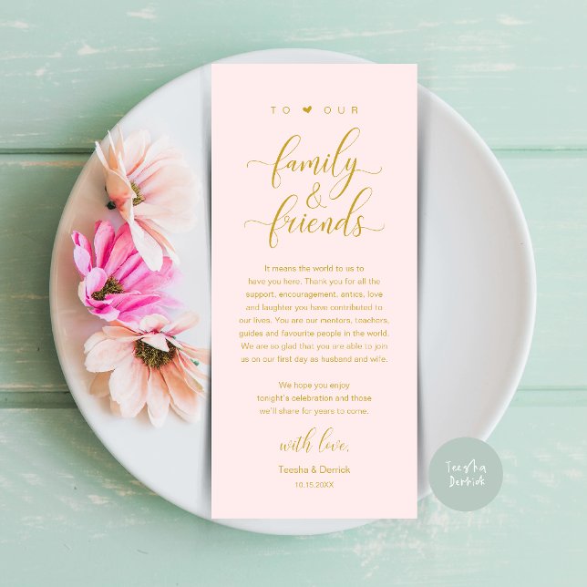 Elegant kalligrafi bröllop tack bordskort program (Elegant Calligraphy Wedding Dinner Bridal Shower Thank You Table Card in Blush Gold)