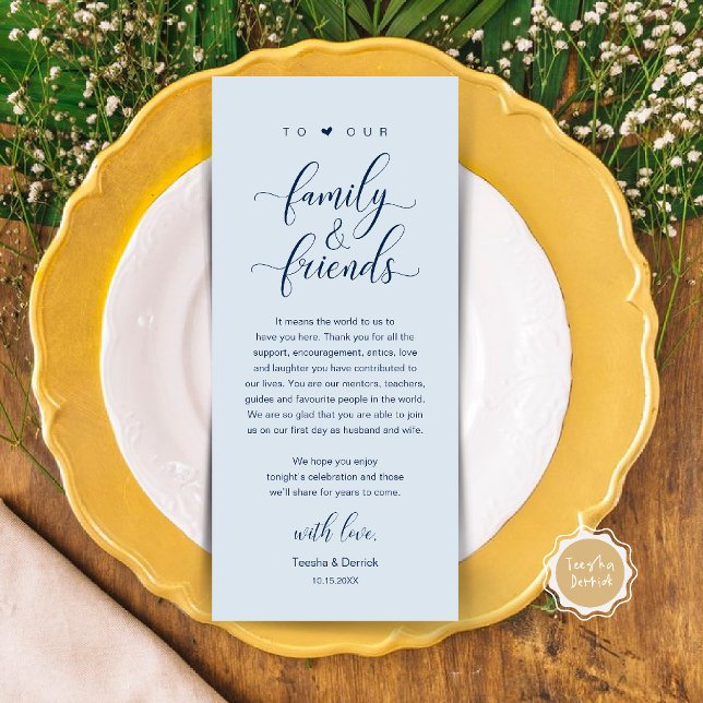 Elegant kalligrafi bröllop tack bordskort program (Elegant Calligraphy Wedding Dinner Bridal Shower Thank You Table Card in Misty Blue)