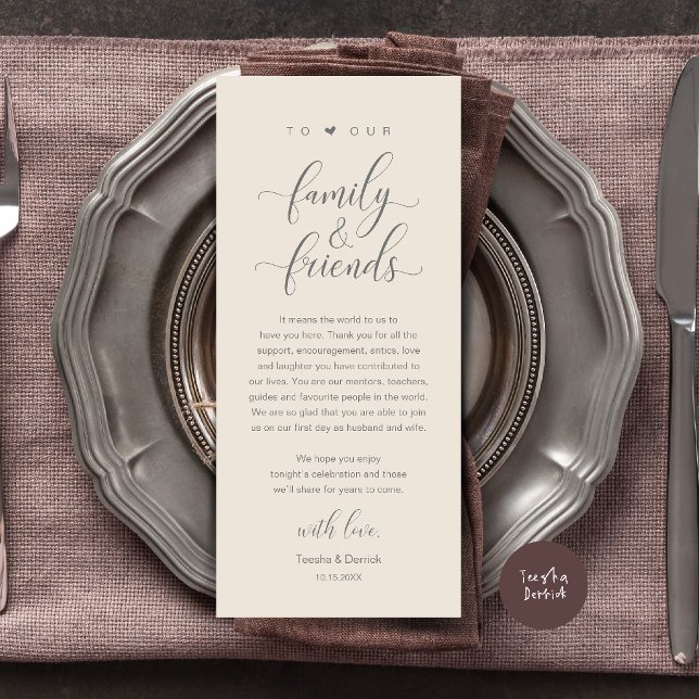Elegant kalligrafi bröllop tack bordskort program (Elegant Calligraphy Wedding Dinner Bridal Shower Thank You Table Card in Cream Grey)