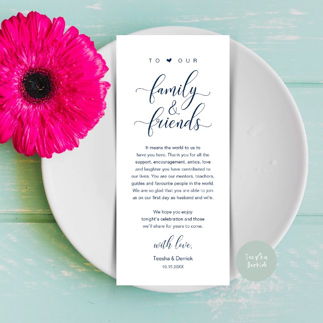 Elegant kalligrafi bröllop tack bordskort program (Elegant Calligraphy Wedding Dinner Bridal Shower Thank You Table Card in Navy Blue)