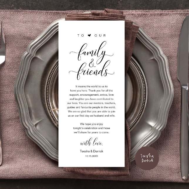 Elegant kalligrafi bröllop tack bordskort program (Elegant Calligraphy Wedding Dinner Bridal Shower Thank You Table Card in Black and White)