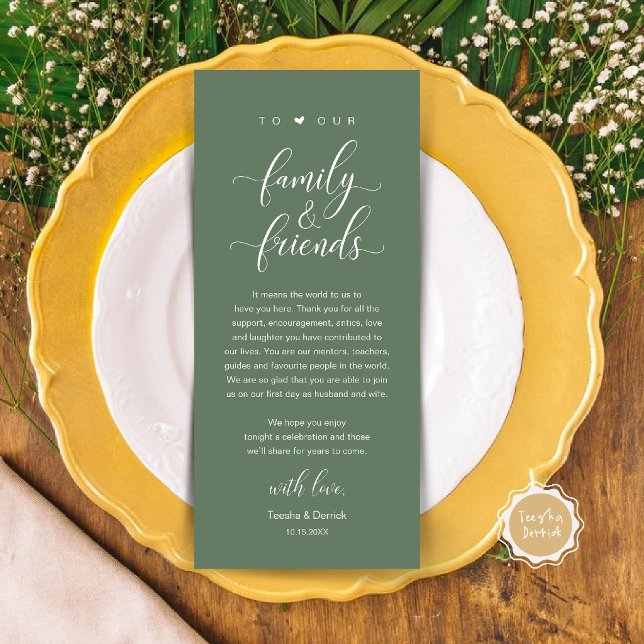 Elegant kalligrafi bröllop tack bordskort program (Elegant Calligraphy Wedding Dinner Bridal Shower Thank You Table Card in Sage Green)
