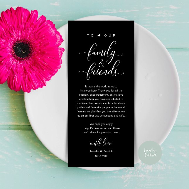 Elegant kalligrafi bröllop tack bordskort program (Elegant Calligraphy Wedding Dinner Bridal Shower Thank You Table Card in Classy Black)