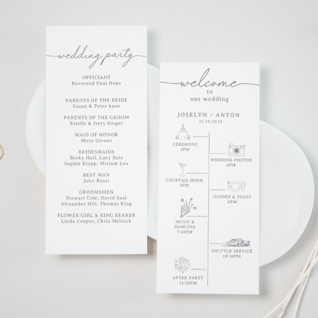 Elegant Kalligrafi Chic Grå Tidslinje Bröllop Program (Skapare uppladdad)
