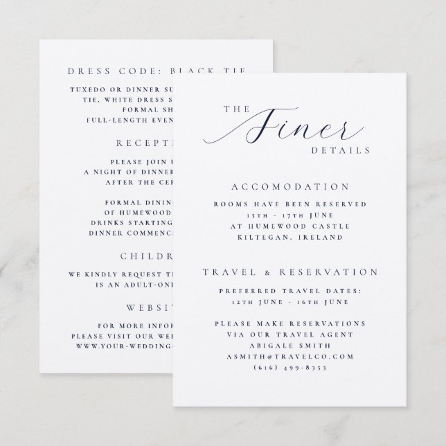 Elegant kalligrafi finare detaljer bröllop  tilläggskort (Fram/baksida)