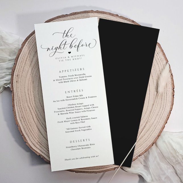 Elegant kalligrafi för övningsmiddag inför bröllop meny (Rehearsal dinner menus with elegant luxury calligraphy script. The night before menus)