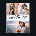 Elegant Kalligrafi Foto Bröllop Spara Datum Meddelande Vykort<br><div class="desc">Elegant enkel svart-vit bröllops sparadatum foto vykort. Designfunktioner för ''spara datum'' i modern kalligrafi skrift i djup svart på vit bakgrund och 3 foton på framsidan. Lägg till ditt meddelande och fler detaljer på baksidan. Alla rättigheter reserverade ©MSJ_DESIGNS</div>