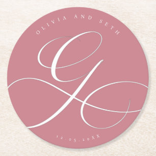 Elegant Kalligrafi “G” Dammig Rosa Bröllop Underlägg Papper Rund