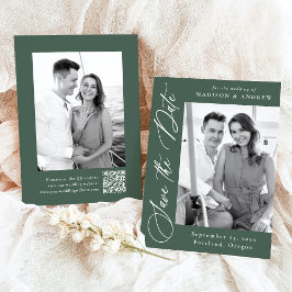 Elegant kalligrafi Grön Foto QR-kod Bröllop Spara Datumet
