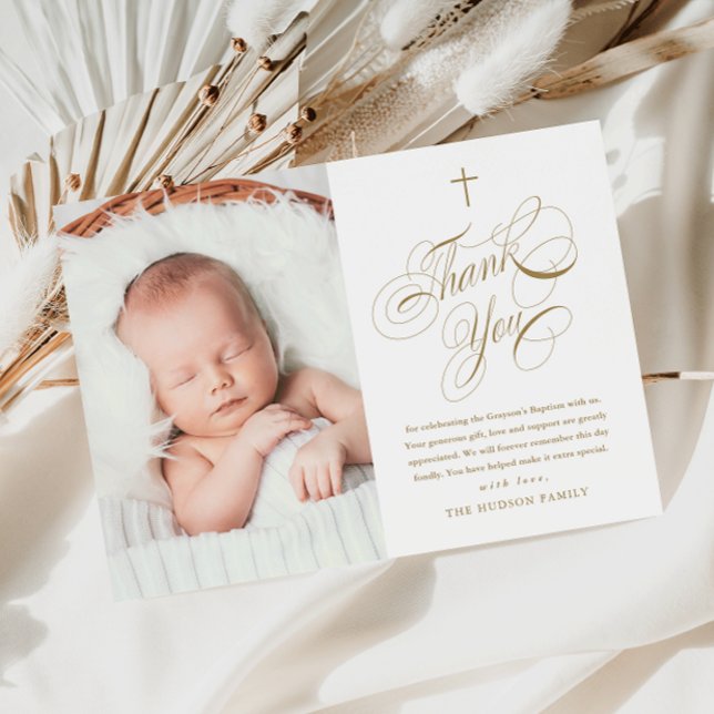 Elegant Kalligrafi Guld Bebis Foto Dop Tack Kort (Elegant calligraphy baby photo baptism thank you card.)