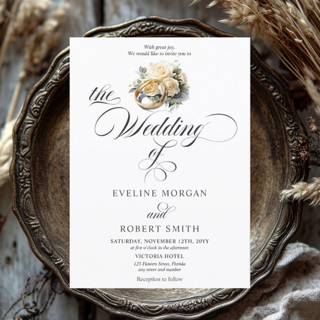 Elegant-kalligrafi guld ringar och ro bröllop inbjudningar (Watercolor gold wedding rings with flowers modern script wedding invitation)