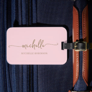 Elegant Kalligrafi Guld Skrift Monogram Namn Rosa Bagagebricka
