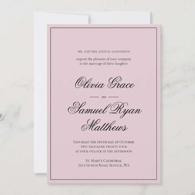 Elegant Kalligrafi Klassisk Kant Rosa Bröllop Inbjudningar (Framsida)