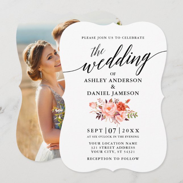 Elegant kalligrafi korall blomfoto bröllop inbjudningar (Fram/baksida)