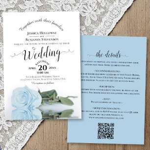 Elegant Kalligrafi Ljusblå Ros QR-kod Bröllop Inbjudningar