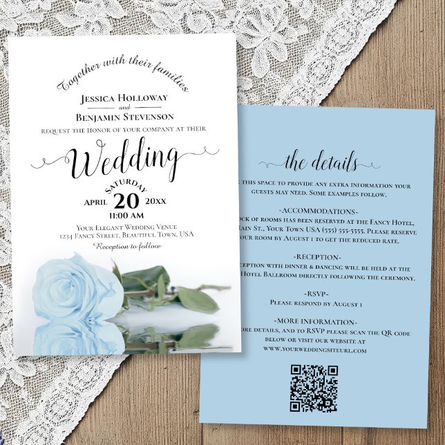 Elegant Kalligrafi Ljusblå Ros QR-kod Bröllop Inbjudningar (front/back)