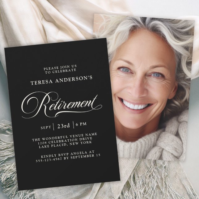 Elegant Kalligrafi med Photo Pension Party Inbjudningar (Available as printed and paperless digital download!)