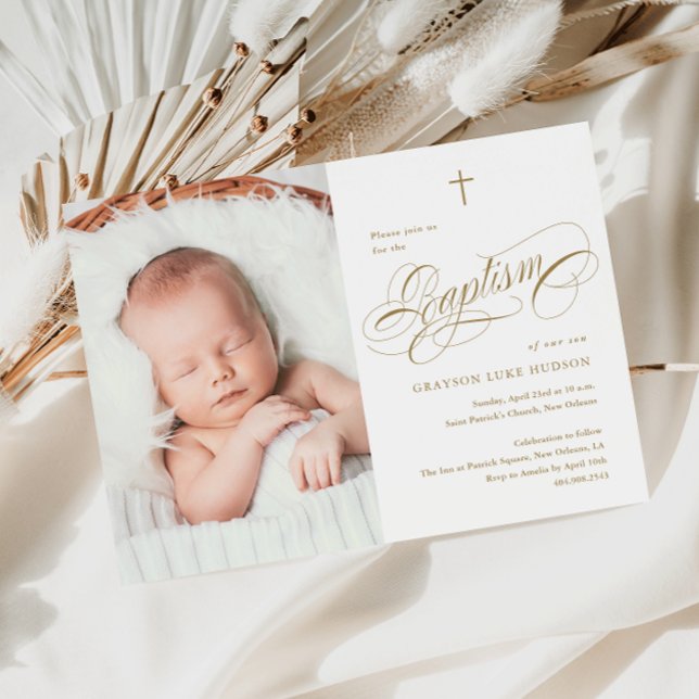 Elegant kalligrafi Neutral Guld Foto Dop Inbjudningar (Elegant calligraphy baby photo baptism invitation.)