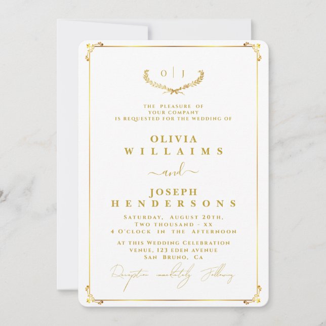 ELEGANT KALLIGRAFI OCH CHIC RAM GOLDEN BRÖLLOP INBJUDNINGAR (Framsida)