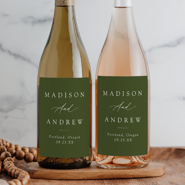 Elegant Kalligrafi Oliv grönt Bröllop Vinflaska Etikett (Skapare uppladdad)
