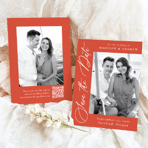 Elegant kalligrafi Orange Foto QR-kod Bröllop Spara Datumet