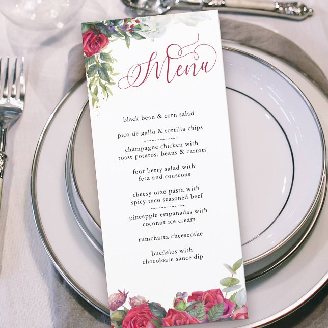 Elegant Kalligrafi Röd ros och eukalyptus Meny (Menu with personalized message on the back. Floral red rose design with elegant calligraphy)