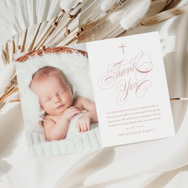 Elegant Kalligrafi Rosa Flickor Foto Dop Tack Kort (Elegant calligraphy baby girls photo baptism thank you card.)