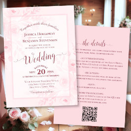 Elegant kalligrafi Rosa Peonies QR-kod Bröllop Inbjudningar