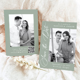 Elegant Kalligrafi Sagegrön Foto QR-kod Spara Datumet