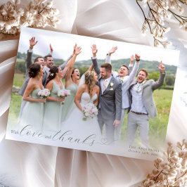 Elegant kalligrafi Sälggrön hjärta Bröllopsfoto Tack Kort