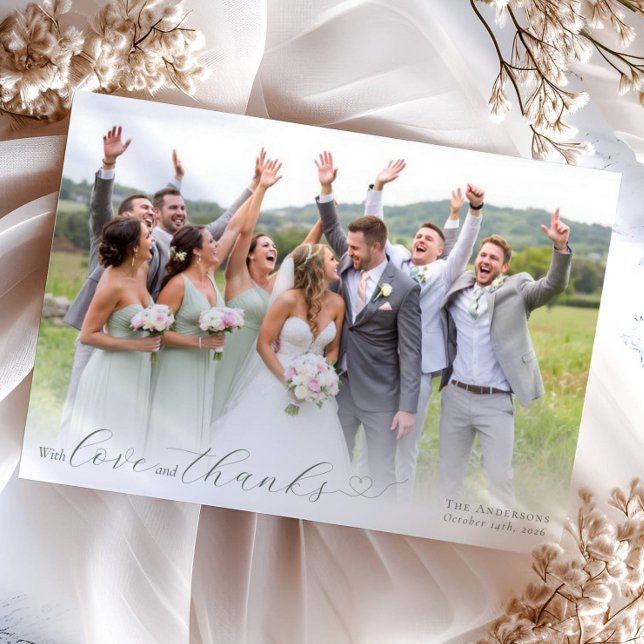 Elegant kalligrafi Sälggrön hjärta Bröllopsfoto Tack Kort (Skapare uppladdad)