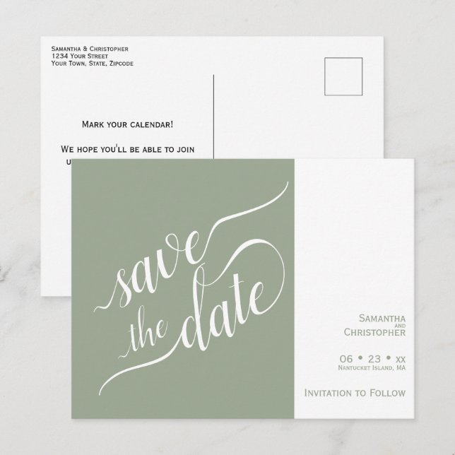 Elegant Kalligrafi Salvia Bröllop Spara Datum Meddelande Vykort (Fram/baksida)